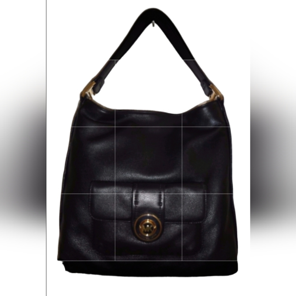 Michael Kors Pushlock Black Shoulder Bag with Gold Accents